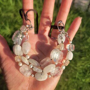 Vintage Tica Rosa 925 sterling silver quartz, pearl, and suede chunky 3-tiered n
